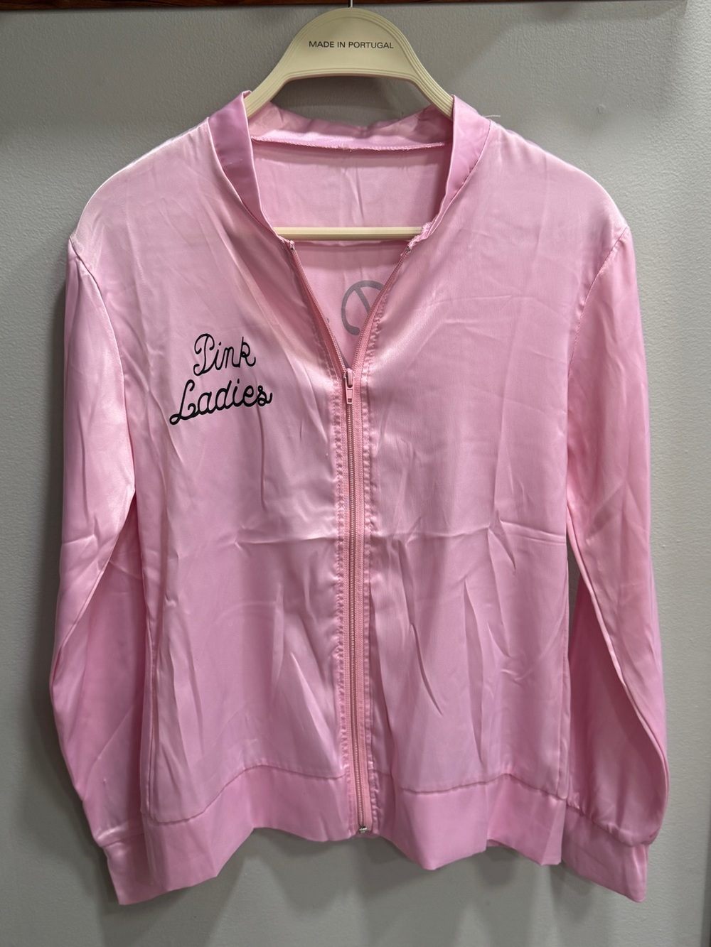 Pink Satin Bomber Jacket with 'Pink Ladies' Embroidery